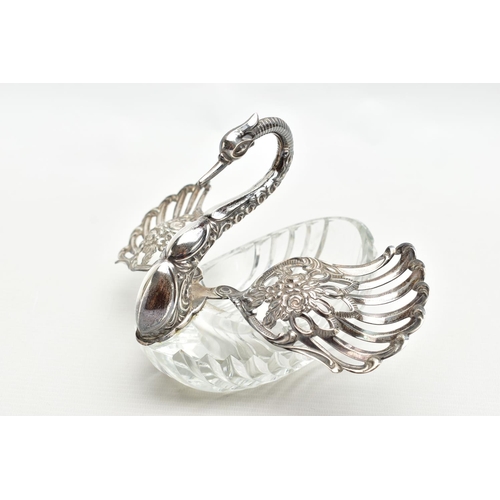 61 - A LATE 20TH CENTURY CUT GLASS AND SILVER SWAN TRINKET BOX, repousse decoration to the head and neck,... 