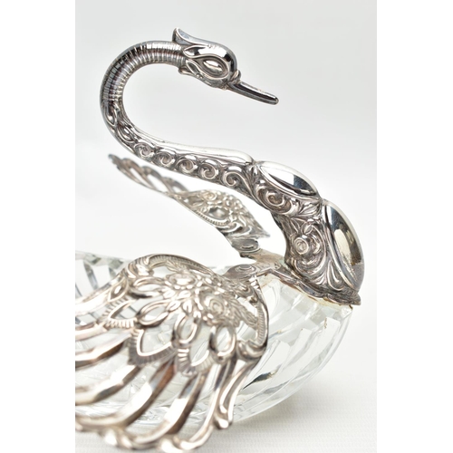 61 - A LATE 20TH CENTURY CUT GLASS AND SILVER SWAN TRINKET BOX, repousse decoration to the head and neck,... 