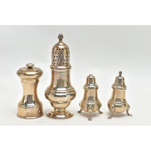 70 - FOUR ELIZABETH II SILVER CRUET ITEMS BY J B CHATTERLEY & SONS comprising a peppermill, Birmingham 19... 