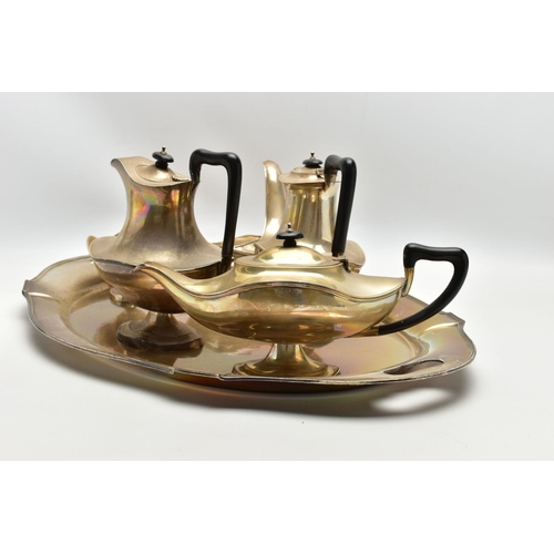 73 - A GEORGE V SILVER FIVE PIECE TEA SET ON OVAL TWIN HANDLED TRAY, the set of oval / Aladdin's lamp sty... 