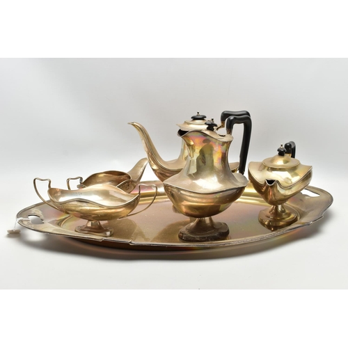 73 - A GEORGE V SILVER FIVE PIECE TEA SET ON OVAL TWIN HANDLED TRAY, the set of oval / Aladdin's lamp sty... 