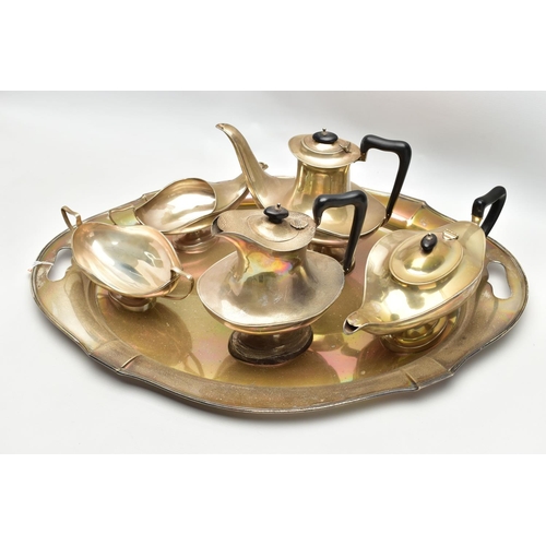 73 - A GEORGE V SILVER FIVE PIECE TEA SET ON OVAL TWIN HANDLED TRAY, the set of oval / Aladdin's lamp sty... 