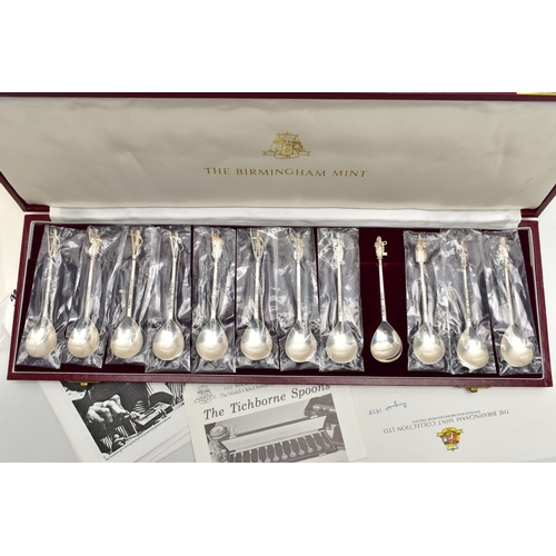 76 - AN ELIZABETH II SILVER BIRMINGHAM MINT CASED REPRODUCTION SET OF THE 'TICHBORNE SPOONS', the finials... 