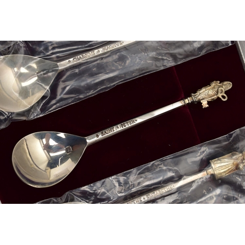 76 - AN ELIZABETH II SILVER BIRMINGHAM MINT CASED REPRODUCTION SET OF THE 'TICHBORNE SPOONS', the finials... 