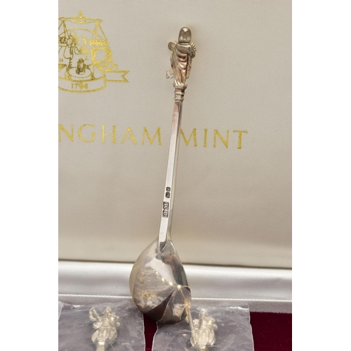 76 - AN ELIZABETH II SILVER BIRMINGHAM MINT CASED REPRODUCTION SET OF THE 'TICHBORNE SPOONS', the finials... 