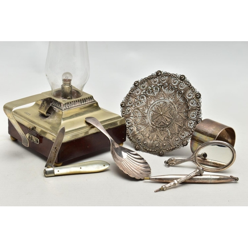 82 - A SMALL PARCEL OF SILVER AND PLATE, comprising an EPNS and mahogany battery operated chamberstick wi... 