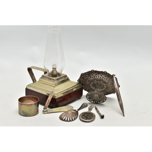 82 - A SMALL PARCEL OF SILVER AND PLATE, comprising an EPNS and mahogany battery operated chamberstick wi... 