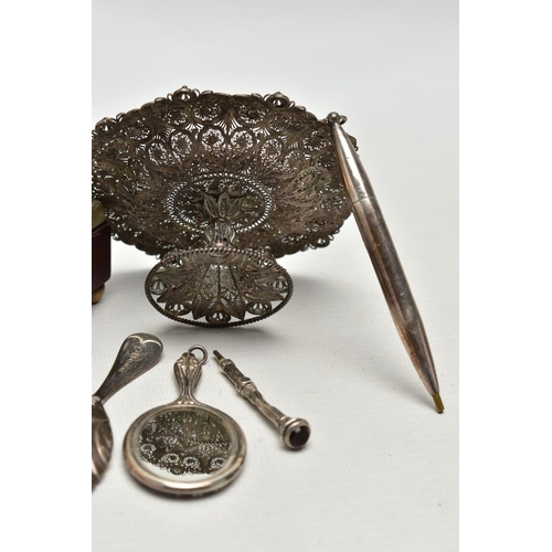 82 - A SMALL PARCEL OF SILVER AND PLATE, comprising an EPNS and mahogany battery operated chamberstick wi... 