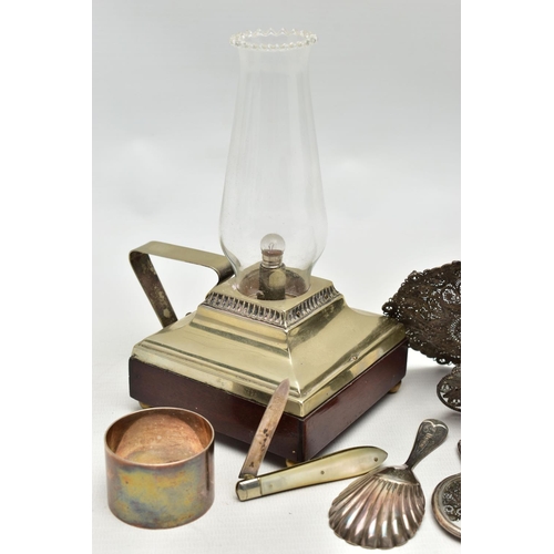 82 - A SMALL PARCEL OF SILVER AND PLATE, comprising an EPNS and mahogany battery operated chamberstick wi... 