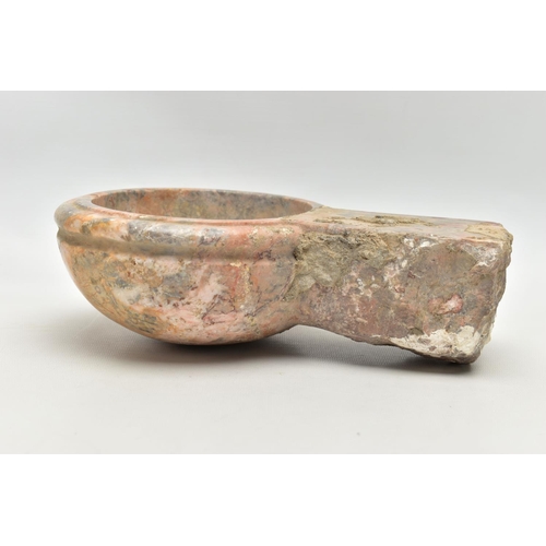 160 - AN ITALIAN VEINED MARBLE STOUP OR BENITIER, of oval form with moulded and grooved edge, short vertic... 