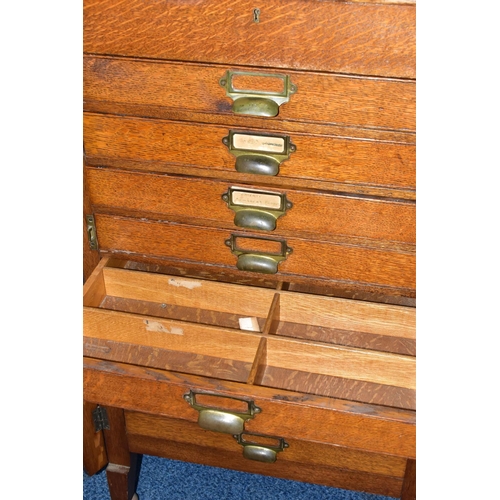 170 - OPTOMETRIST INTEREST: AN EARLY 20TH CENTURY RECTANGULAR OAK CABINET WITH GLAZED CASE ABOVE NINE DRAW... 