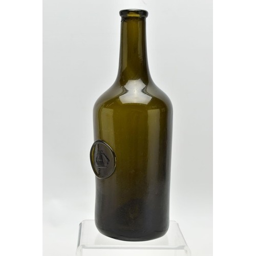 175 - A 19TH CENTURY GREEN GLASS SEALED WINE BOTTLE, with pictorial seal of a sheaf of corn and two arms, ... 