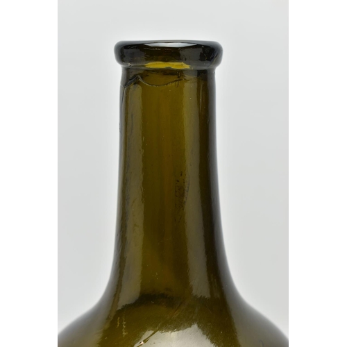 175 - A 19TH CENTURY GREEN GLASS SEALED WINE BOTTLE, with pictorial seal of a sheaf of corn and two arms, ... 