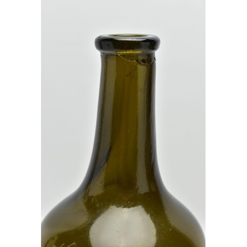 175 - A 19TH CENTURY GREEN GLASS SEALED WINE BOTTLE, with pictorial seal of a sheaf of corn and two arms, ... 