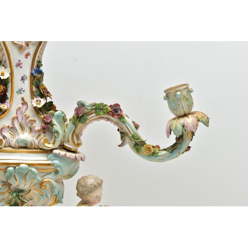 176 - A LATE 19TH CENTURY MEISSEN FIGURAL AND FLORAL ENCRUSTED CENTREPIECE ADAPTED TO A TABLE LAMP, the la... 