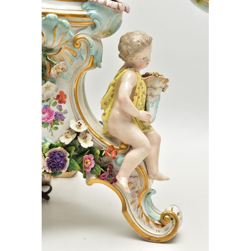 176 - A LATE 19TH CENTURY MEISSEN FIGURAL AND FLORAL ENCRUSTED CENTREPIECE ADAPTED TO A TABLE LAMP, the la... 