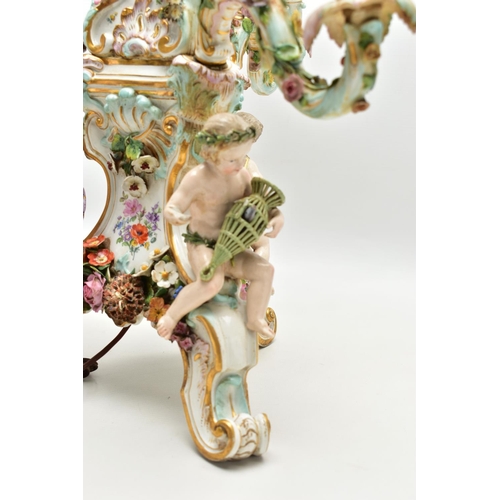 176 - A LATE 19TH CENTURY MEISSEN FIGURAL AND FLORAL ENCRUSTED CENTREPIECE ADAPTED TO A TABLE LAMP, the la... 