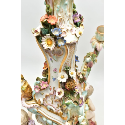 176 - A LATE 19TH CENTURY MEISSEN FIGURAL AND FLORAL ENCRUSTED CENTREPIECE ADAPTED TO A TABLE LAMP, the la... 