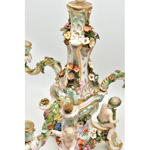 176 - A LATE 19TH CENTURY MEISSEN FIGURAL AND FLORAL ENCRUSTED CENTREPIECE ADAPTED TO A TABLE LAMP, the la... 