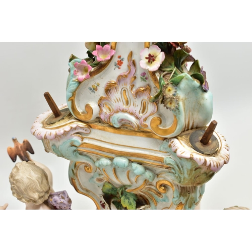 176 - A LATE 19TH CENTURY MEISSEN FIGURAL AND FLORAL ENCRUSTED CENTREPIECE ADAPTED TO A TABLE LAMP, the la... 