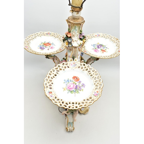 176 - A LATE 19TH CENTURY MEISSEN FIGURAL AND FLORAL ENCRUSTED CENTREPIECE ADAPTED TO A TABLE LAMP, the la... 