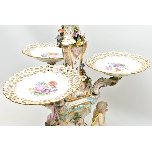 176 - A LATE 19TH CENTURY MEISSEN FIGURAL AND FLORAL ENCRUSTED CENTREPIECE ADAPTED TO A TABLE LAMP, the la... 