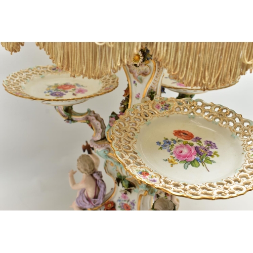 176 - A LATE 19TH CENTURY MEISSEN FIGURAL AND FLORAL ENCRUSTED CENTREPIECE ADAPTED TO A TABLE LAMP, the la... 