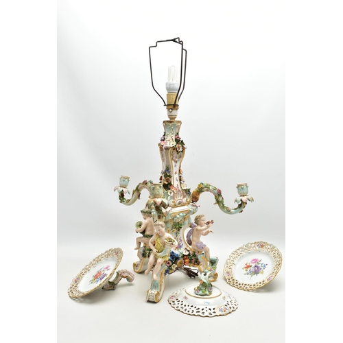 176 - A LATE 19TH CENTURY MEISSEN FIGURAL AND FLORAL ENCRUSTED CENTREPIECE ADAPTED TO A TABLE LAMP, the la... 