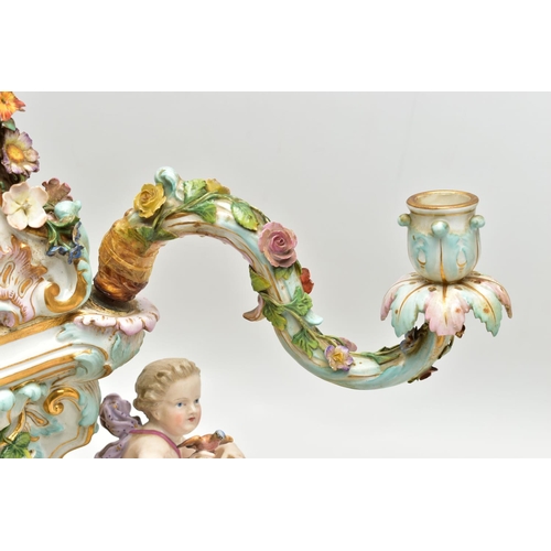 176 - A LATE 19TH CENTURY MEISSEN FIGURAL AND FLORAL ENCRUSTED CENTREPIECE ADAPTED TO A TABLE LAMP, the la... 