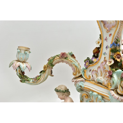 176 - A LATE 19TH CENTURY MEISSEN FIGURAL AND FLORAL ENCRUSTED CENTREPIECE ADAPTED TO A TABLE LAMP, the la... 