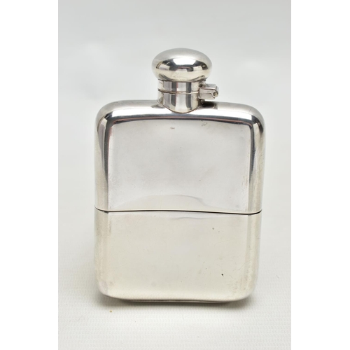 86 - A GEORGE V SILVER HIP FLASK OF BOWED RECTANGULAR FORM, bayonet fitting hinged cover, the lower half ... 