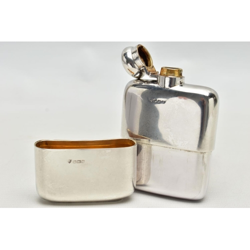 86 - A GEORGE V SILVER HIP FLASK OF BOWED RECTANGULAR FORM, bayonet fitting hinged cover, the lower half ... 