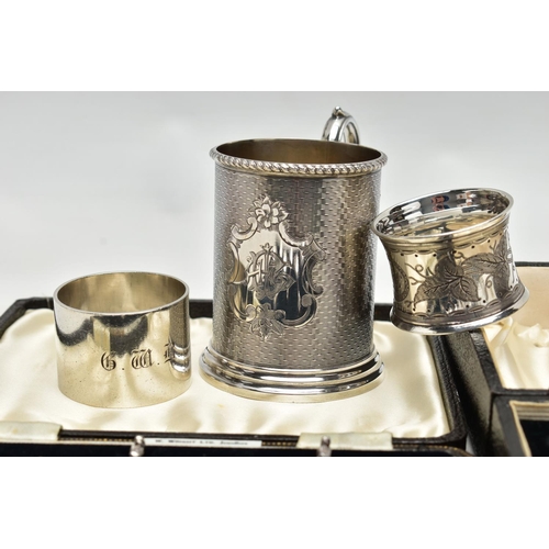 87 - A SMALL PARCEL OF VICTORIAN AND LATER SILVER, comprising a Victorian silver christening mug of cylin... 