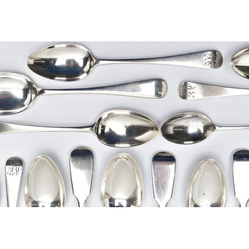 89 - A PARCEL OF LATE 18TH, 19TH AND 20TH CENTURY SILVER DESSERT SPOONS AND TEASPOONS, including a set of... 