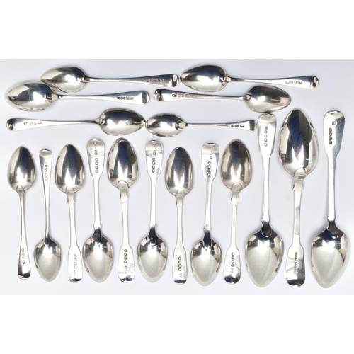 89 - A PARCEL OF LATE 18TH, 19TH AND 20TH CENTURY SILVER DESSERT SPOONS AND TEASPOONS, including a set of... 