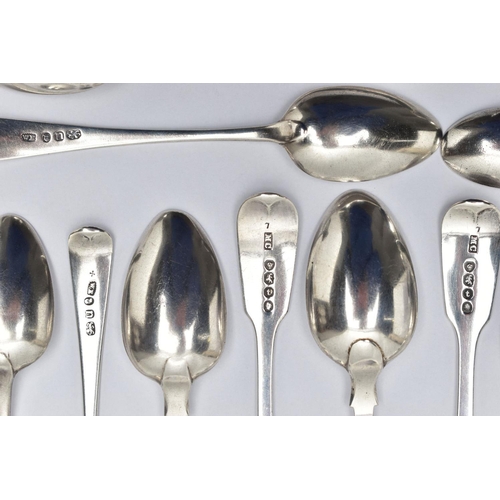 89 - A PARCEL OF LATE 18TH, 19TH AND 20TH CENTURY SILVER DESSERT SPOONS AND TEASPOONS, including a set of... 