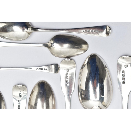 89 - A PARCEL OF LATE 18TH, 19TH AND 20TH CENTURY SILVER DESSERT SPOONS AND TEASPOONS, including a set of... 