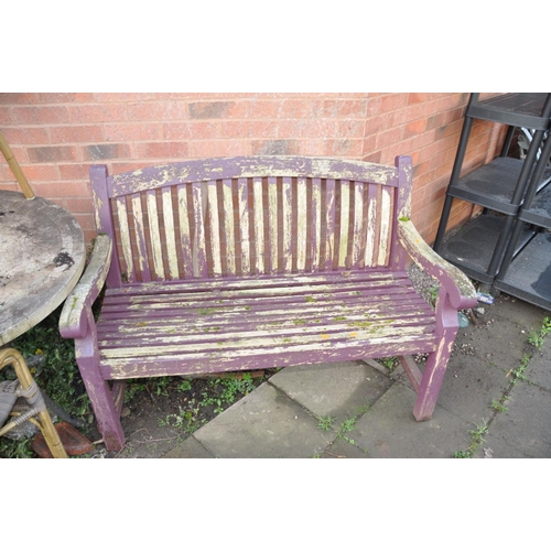 1004 - A WOODEN SLATTED GARDEN BENCH width 124cm (Condition distressed paint work but sturdy)