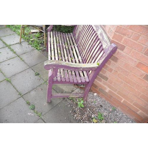 1004 - A WOODEN SLATTED GARDEN BENCH width 124cm (Condition distressed paint work but sturdy)