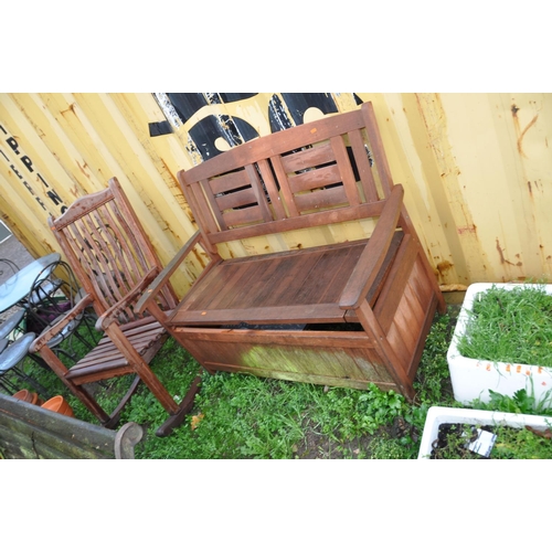 1024 - A TEAK GARDEN ROCKING CHAIR 63cm wide and a hard wood garden bench with under seat storage 121cm wid... 