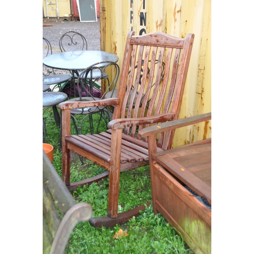 1024 - A TEAK GARDEN ROCKING CHAIR 63cm wide and a hard wood garden bench with under seat storage 121cm wid... 