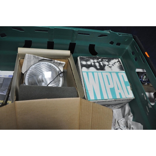 1053 - A TRAY CONTAINING VINTAGE AUTOMOTIVE SPARE AND ENGINEERING TOOLS, to include a pair of boxed Wipac f... 