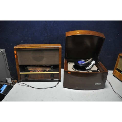 1055 - A VINTAGE PYE BLACK BOX RECORD PLAYER in mahogany cabinet (slow to turn) and a McMichael 154 AC valv... 