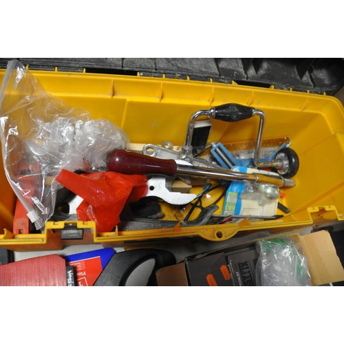 1058 - A PLASTIC TOOLBOX AND A BAG CONTAINING TOOLS, including an RS voltage tester, multimeter, a Stanley ... 