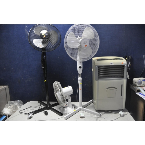 1060 - A PREM I AIR DEHUMIDIFIER, two standard fans and a table fan (all PAT pass and working) (4)