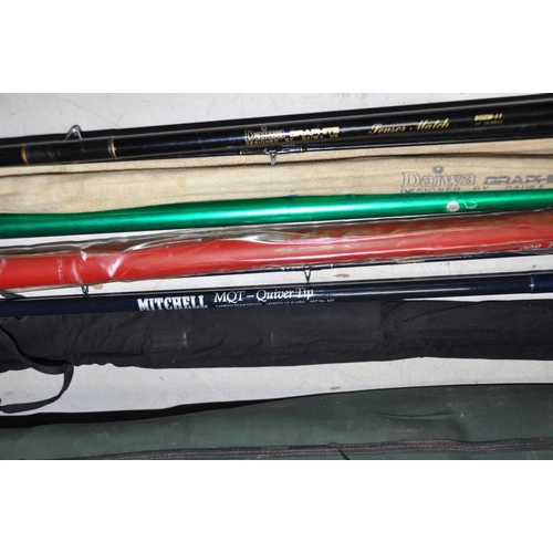 1077 - TWO FISHING ROD BAGS AND A BOX containing a Mitchel MQT Quiver tip rod, a Daiwa SGEM 11 Sensor Match... 