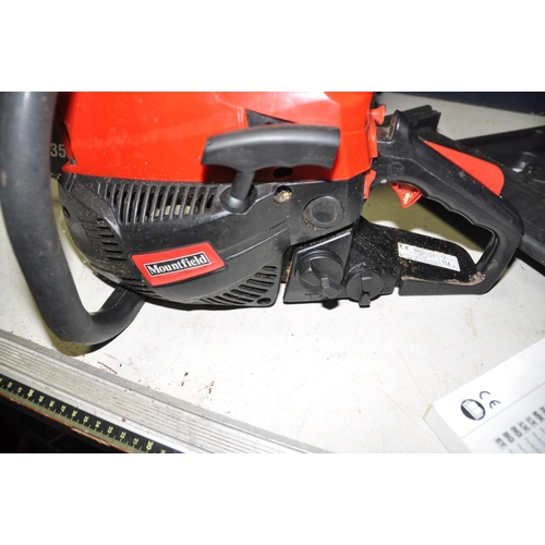 1094 - A MOUNTFIELD MC3720 PETROL CHAINSAW, with carrying case, engine and chain oils (engine pulls freely ... 