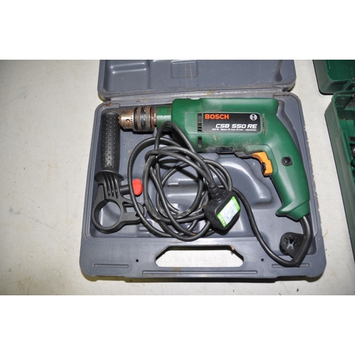 1101 - A BOSCH PSB 144V-i CORDLESS DRILL, in case with one battery and charger, and a Bosch CSB550RE 240v h... 