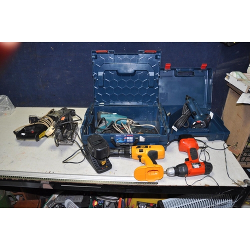 1107 - SEVEN POWER TOOLS INCLUDING AN AEG HAMMER DRILL 240v, Makita HG5012 Heat gun, a Bosch GSB20-2RE hamm... 