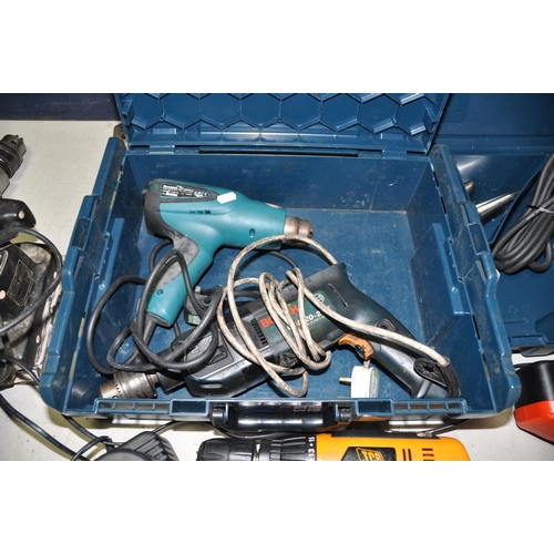 1107 - SEVEN POWER TOOLS INCLUDING AN AEG HAMMER DRILL 240v, Makita HG5012 Heat gun, a Bosch GSB20-2RE hamm... 